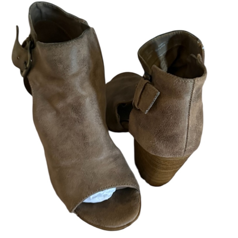 Fergalicious by Fergie Women's Faux Suede Brown Ankle Boots Open Toe Cuban Heels